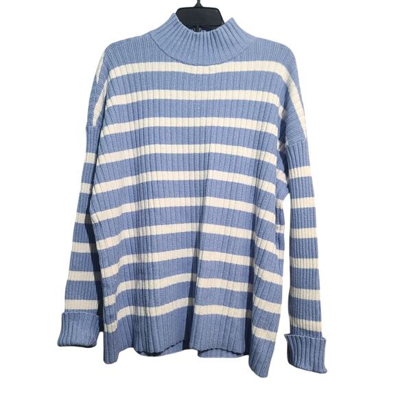 LOFT Blue and White Striped Turtleneck Sweater - Picture 1 of 4